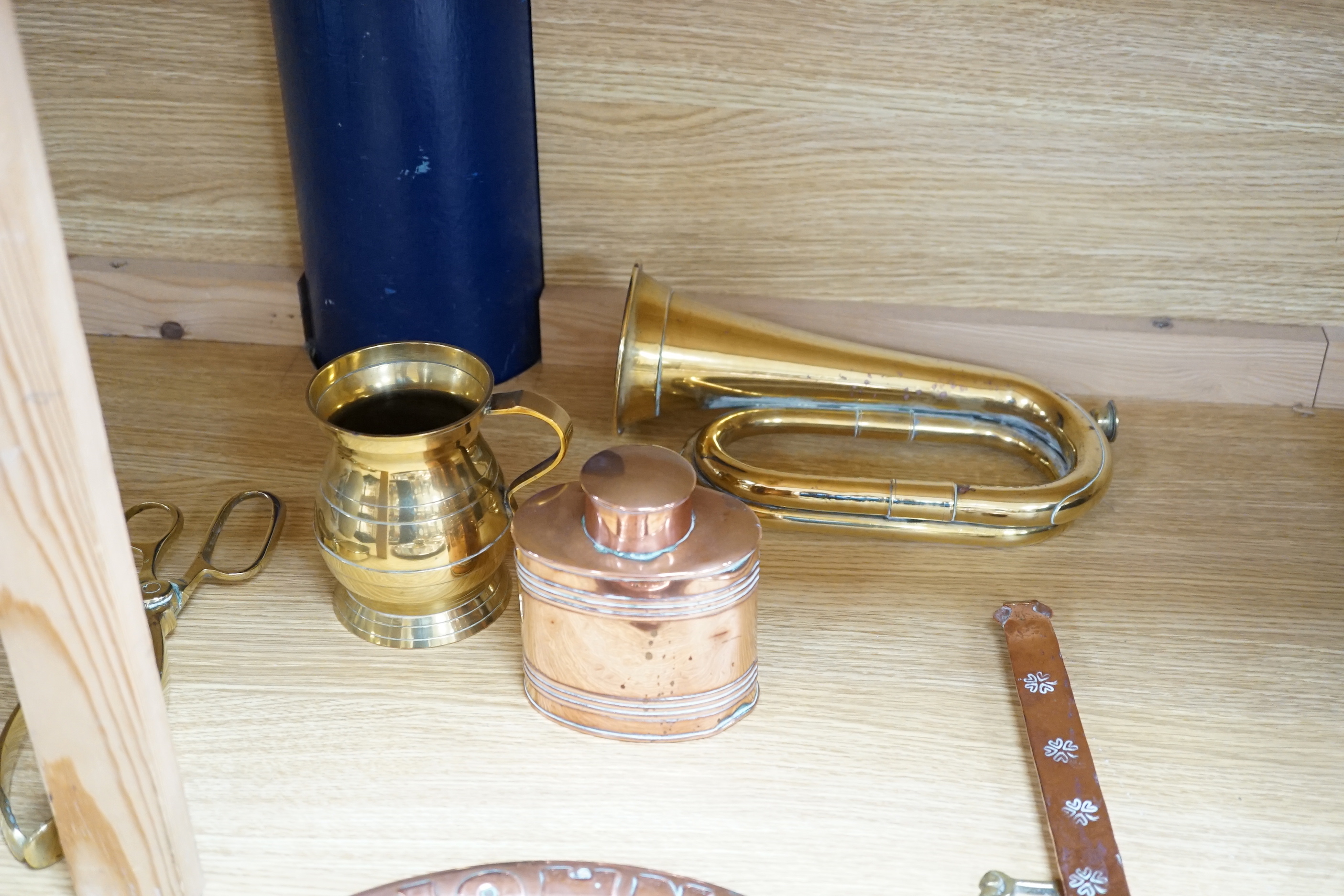 A Bells scotch whiskey table bell and Johnnie Walker copper advertising dish, old keys, graduated tankards, 18th/19th century copper milk skimmer, a cornet, etc. (13)